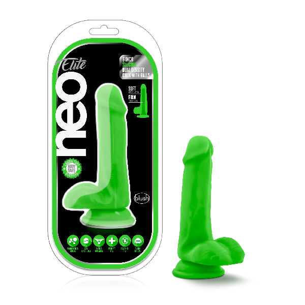 Neo Elite 6in Silicone Dual Density Cock with Balls Neon Green - ClubX